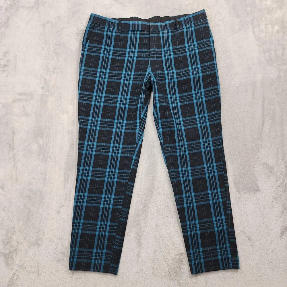 INC International Concepts Pants Mens 36x28 Blue Plaid Slim Fit Chino Casual